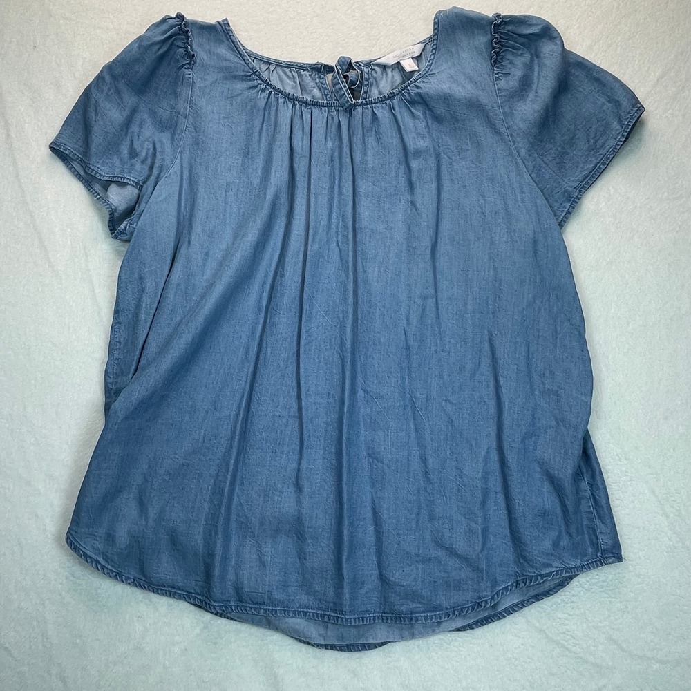 LC Lauren Conrad Women L Blue Lyocell Chambray Puffed Sleeve Top Peasant Prairie